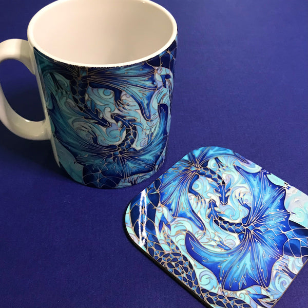 Extra Large Dragons Mug. Blue Aqua mugs in BIG & standard sizes.  mug & coaster box set. mythical magical creatures lovers gift set. Fantasy lovers gift. dolphin lovers gift. gift for him. gift for teacher. gift for her. tea coffee lovers gift.