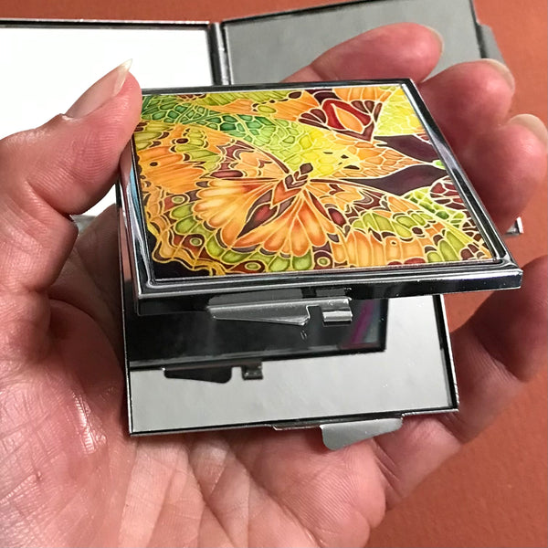 Butterfly Pocket Mirror in Moss Green and Caramel - Pretty Folding Handbag Mirror - Gift for Her