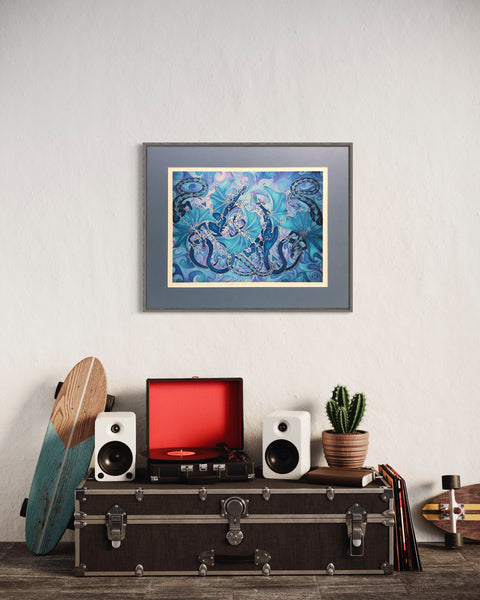 Magical Dragon Family Print - Mythical Creatures Art Print - Fiery Blue Dragons Print