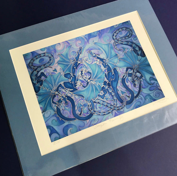 Magical Dragon Family Print - Mythical Creatures Art Print - Fiery Blue Dragons Print