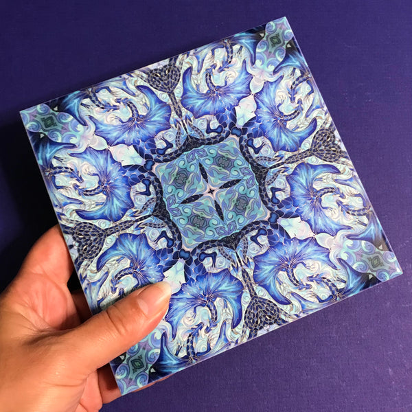 Blue Dragon Mandala Tiles -  Magical Mythical Creature Ceramic Hand Printed Tiles