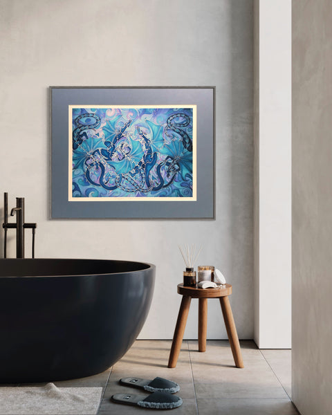 Magical Dragon Family Print - Mythical Creatures Art Print - Fiery Blue Dragons Print