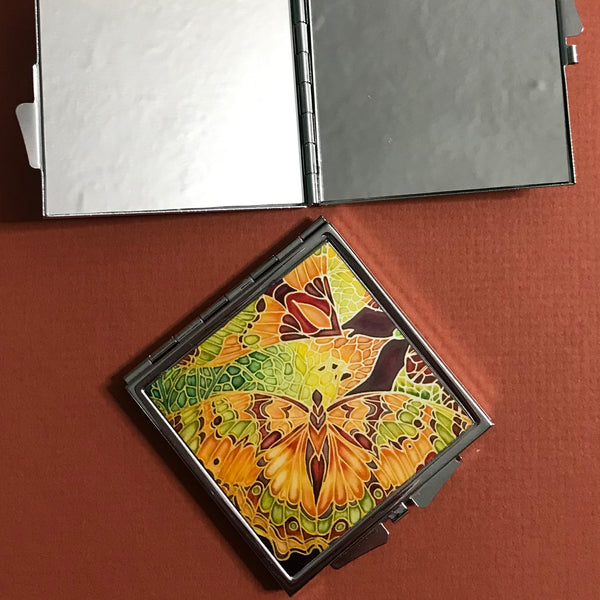 Butterfly Pocket Mirror in Moss Green and Caramel - Pretty Folding Handbag Mirror - Gift for Her