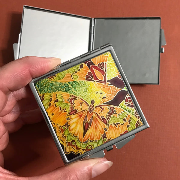 Butterfly Pocket Mirror in Moss Green and Caramel - Pretty Folding Handbag Mirror - Gift for Her