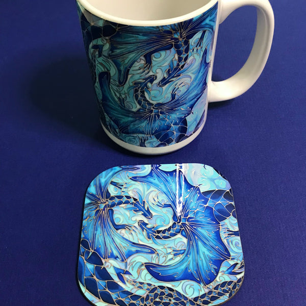 Extra Large Dragons Mug. Blue Aqua mugs in BIG & standard sizes.  mug & coaster box set. mythical magical creatures lovers gift set. Fantasy lovers gift. dolphin lovers gift. gift for him. gift for teacher. gift for her. tea coffee lovers gift.