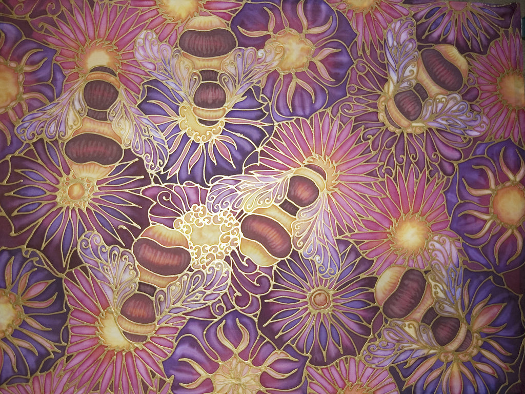 Summer Bees and Flowers Art - Original Honey Bees Silk Painting - Meikie Original Art - Bees on Pink and Plum Flowers