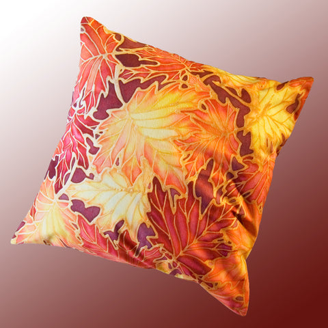 Autumnal Maple Leaves Cushion - Red and Yellow Art Cushion - Autumnal Throw Pillow - Meikie Designs
