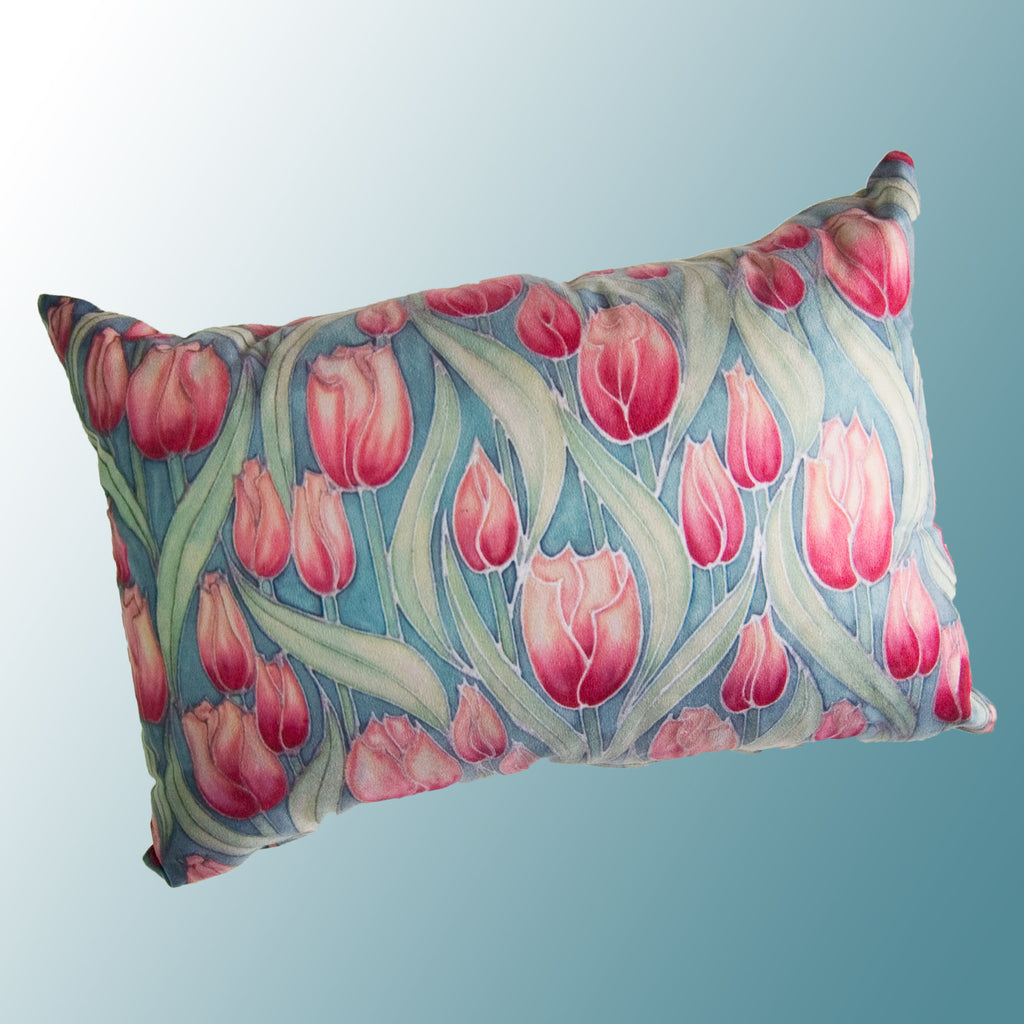 Pink Tulips cushion - printed onto suedette fabric - pink and mint green colours