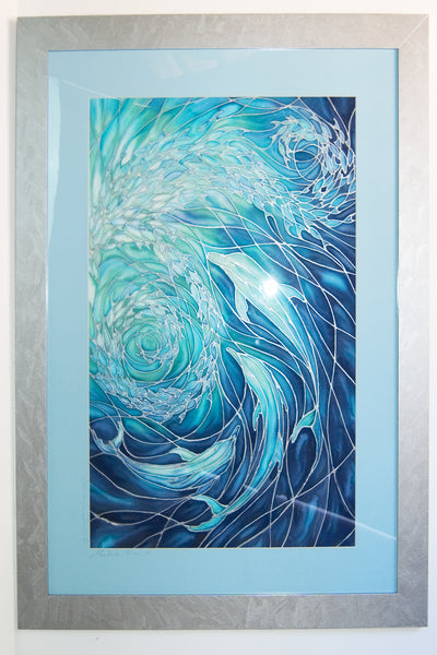 SOLD - Dolphin Swirl Original Painting - hand painted silk dolphins - Deep Sea Blues, Greens, Turquoises - Original Art