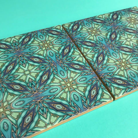 Bohemian 6x6” Mint Aqua Green Turquoise Mosaic Star Tiles - Beautiful Green Turquoise Tiles - Bohemian Ceramic printed  Tiles