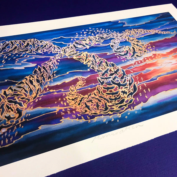 Flying Birds Murmuration Signed Print - Blue Purple Red Gold Print Art
