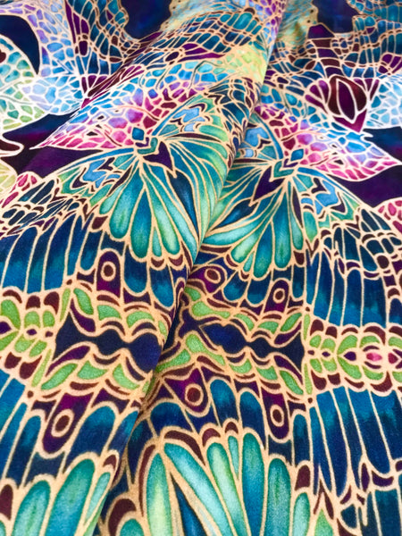 Teal Green Red Lime Gold 'Star Butterfly' Designer 100% Cotton Satin fabric for curtains, upholstery and soft furnishings