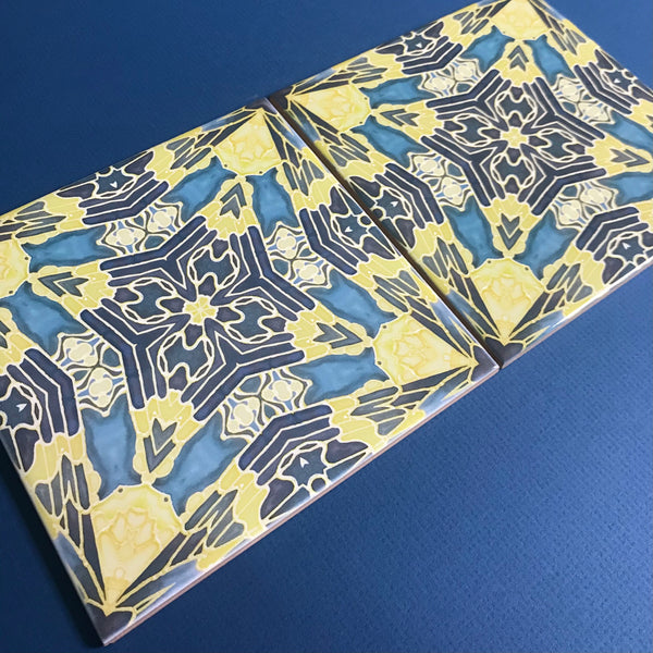 Contemporary Butterfly Moth Tiles - Primrose Yellow & Petrol Blue Ceramic Tiles - Beautiful Bohemian Printed Tiles