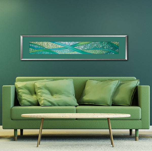 SOLD - Vibrant Green Contemporary Flowing Water Original Silk Painting - green turquoise Hand-Painted Silk Art -