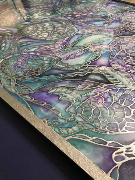 Blue Grey Turtles Original Silk Painting - blue turquoises  green Original Art