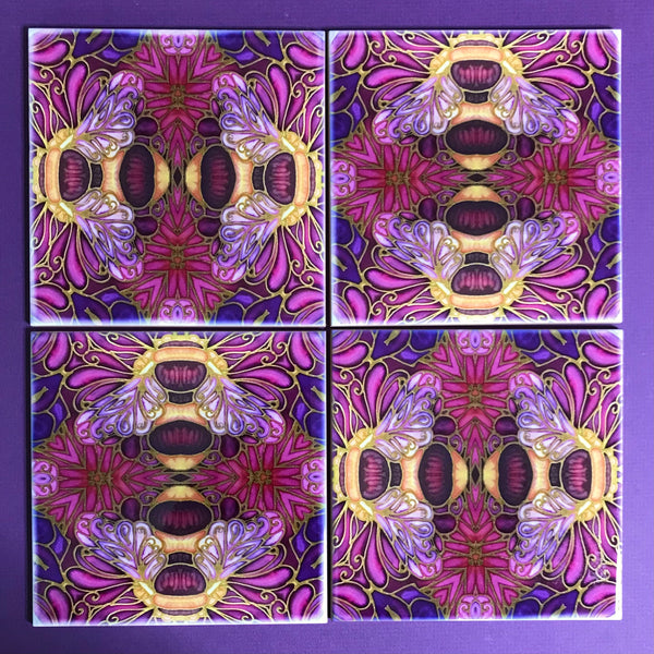 Plum gold square 6x6” bee tiles. Honey bee bathroom tiles. Bumble bee kitchen tiles. bathroom remodel. kitchen makeover. Hand printed by Meikie