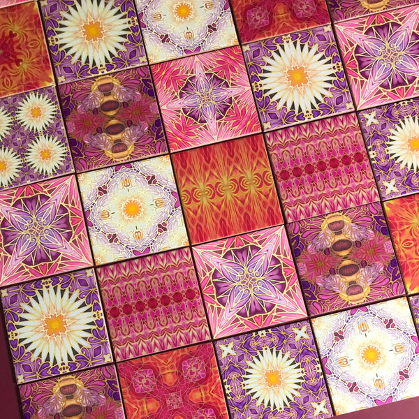 Clementine Rose Set of 20 Ceramic Tiles - Bohemian Blue Pink and Gold Warm Gentle Bohemian Kitchen Tiles