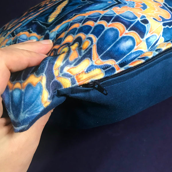 Contemporary Grey Blue Orange Velvet Cushions - Dramatic Moth Kaleidoscope Design Luxury Velvet Cushions