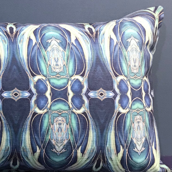 Teal Blue Aqua Dolphin Frieze Cushion - Ultramarine Turquoise Chenille Fabric - Intricate pattern pillow