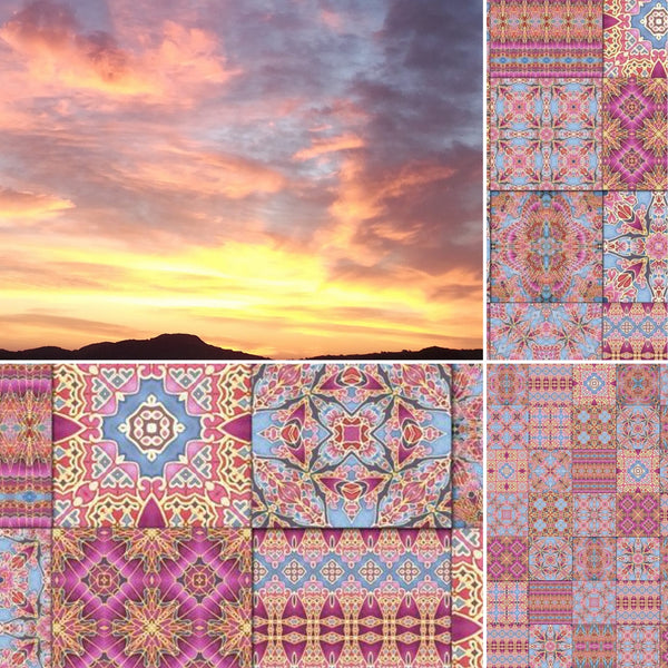 Pink Sunset Inspired Set of 50 Ceramic Tiles - Bohemian Blue Pink and Gold Warm Gentle Kitchen Bathroom Tiles