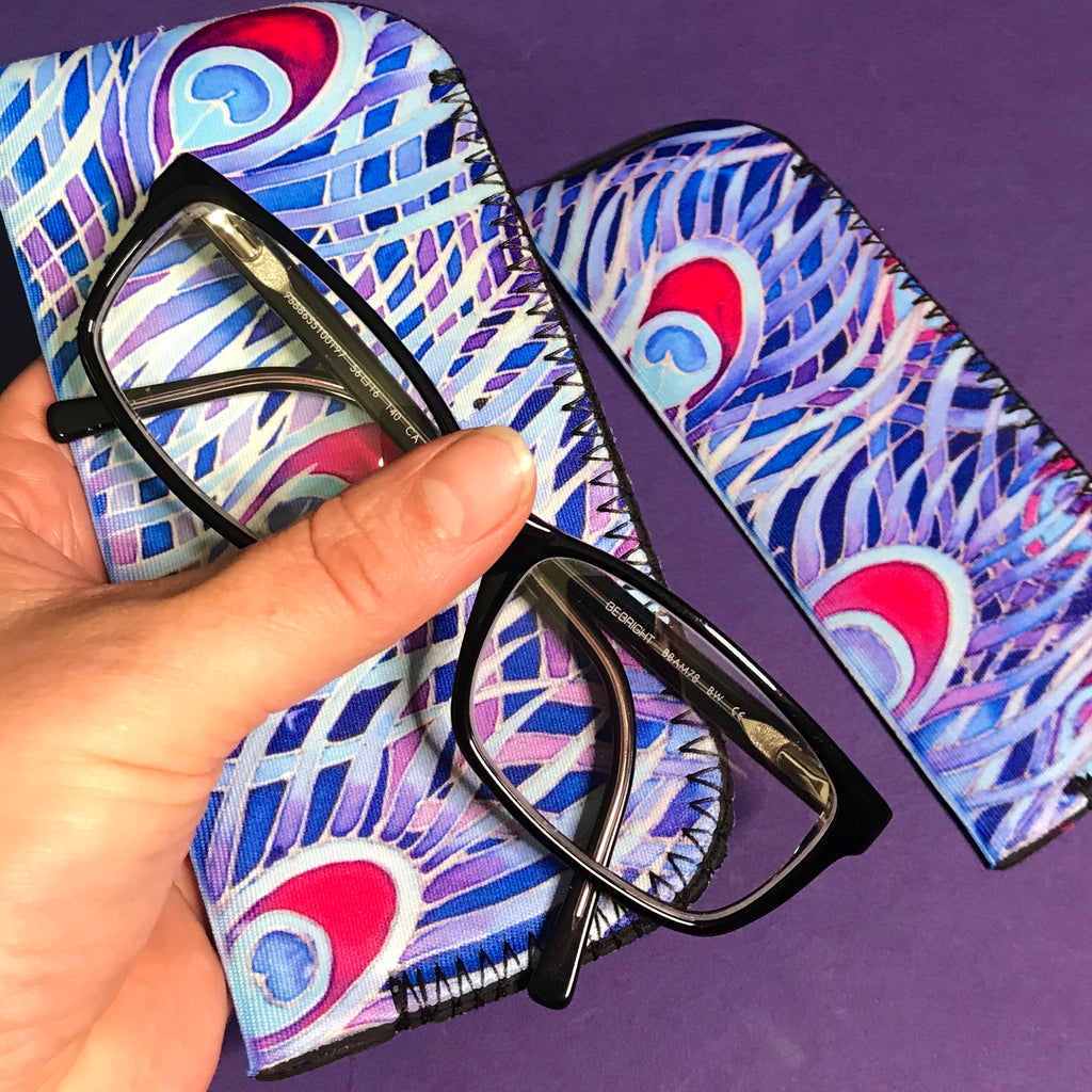 Blue Purple Red Peacock Feathers glasses cover - Reading / Large Glases Cover