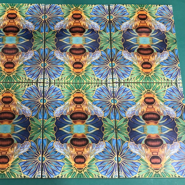 Blue green square 6x8” bee tiles. Honey bee bathroom tiles. Bumble bee kitchen tiles. bathroom remodel. kitchen makeover. Hand printed by Meikie