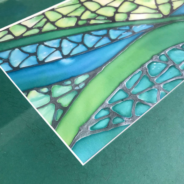 SOLD - Vibrant Green Contemporary Flowing Water Original Silk Painting - green turquoise Hand-Painted Silk Art -