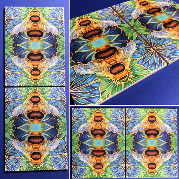 Blue green square 6x8” bee tiles. Honey bee bathroom tiles. Bumble bee kitchen tiles. bathroom remodel. kitchen makeover. Hand printed by Meikie
