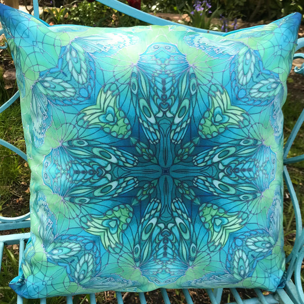 Sea Green Butterfly Showerproof Cushion - Showerproof Garden Cushions - Blue green turquoise Cushion