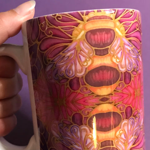 Plum Gold Bees Extra Large Mug and Coaster - Blue Turquoise Mug Set - Mug Gift