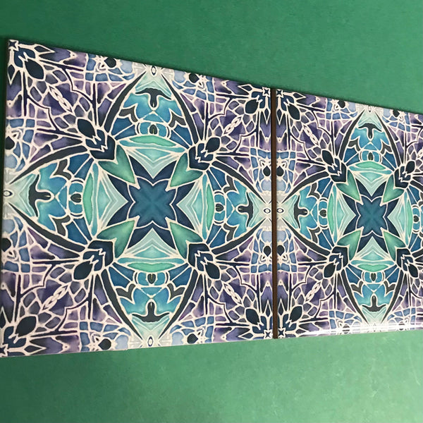 Nouveau Aqua Lilac Charcoal Butterfly Bathroom Tile - Bohemian Kitchen Tiles - Butterfly Kaleidoscope Repeat Decorative Tiles
