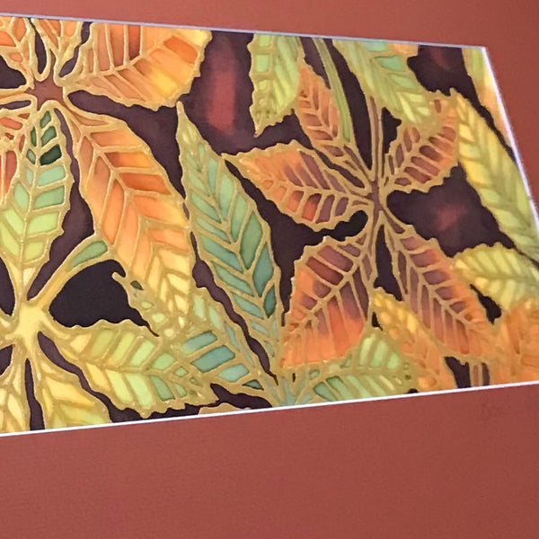 Warm Autumnal Beech Leaves Original Silk Painting - Terracotta rust green yellow gold Hand-Painted Silk Art -