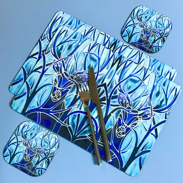 Blue Stag rectangular table mats and matching coasters - hard wearing durable mats - 32x23cm placemats in blue and aqua -gift for woodland, forest, tree and wildlife lovers.