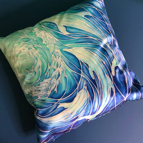 Blue Aqua Dolphins Cushion - Ultramarine Turquoise Chenille Fabric - Intricate pattern pillow