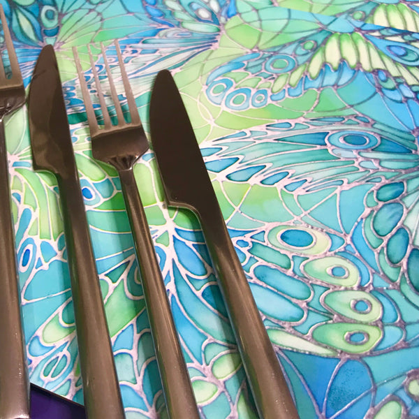 Green Tableware - Lime Green Placemats - Green Coasters - Green Glass Chopping boards - Green Glass Counter Savers - Green Glass Serving Platters - Butterfly Wings  - Green melamine serving tray - Green table mats - Durable hardwearing table mats - Meikie designs Sea Green Table Mats, Place Settings, Coasters, Mugs, Chopping Boards, Trivets, Round Table Mats, Mouse Mats. Emerald Aqua Teal Lime Turquoise. Round Table Mats. rectangular place mats.