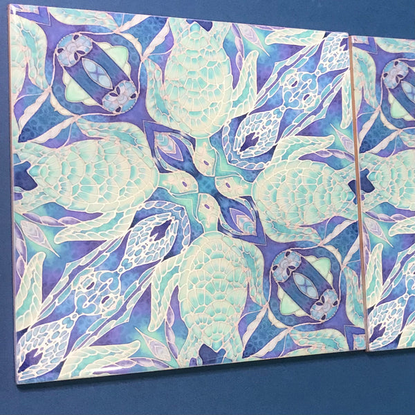 Turtles Waltz Blue Aqua Green Ceramic Tiles -  Ceramic Hand Printed Tiles