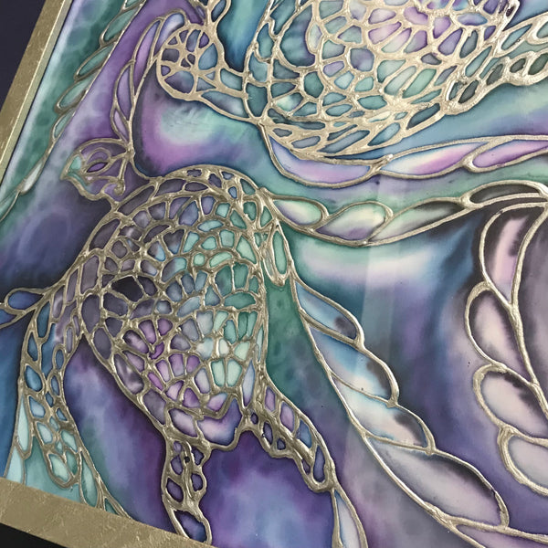 Blue Grey Turtles Original Silk Painting - blue turquoises  green Original Art