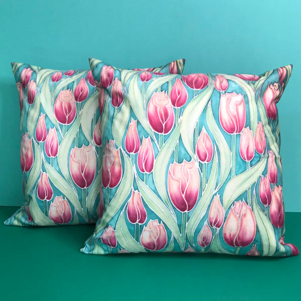 Pink Tulips cushion - printed onto suedette fabric - pink and mint green colours