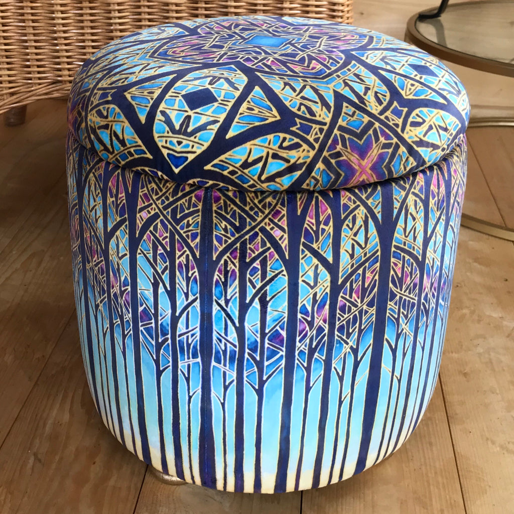 SOLD Stunning Cathedral Window Round Footstool with storage - one off Bespoke Upholstery.
