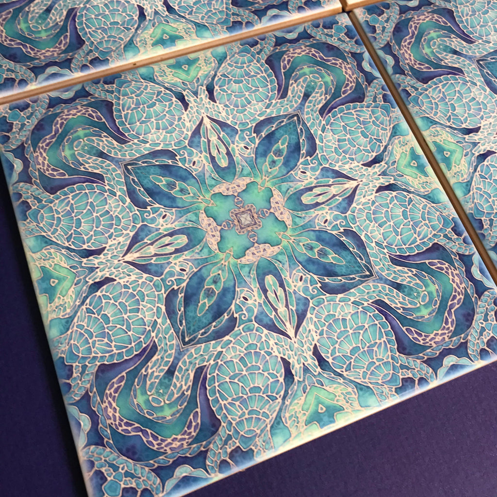 Blue turtle mandala tiles 6x6” squares with a smooth shiny surface, gorgeous aqua ultramarine & royal blue shades, hand printed by Meikie in her Studio. Perfect for a bathroom makeover as a full wall, border or individual tiles set into plain tiles.