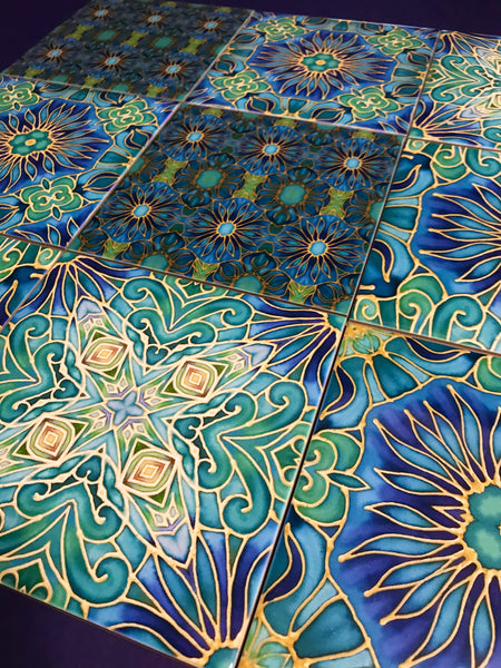 Teal Blooms Mixed Tile Set - Emerald, Blue, Jade  Gold Tiles - Beautiful Tile - Bohemian Tiles