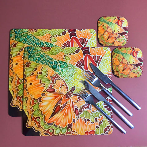 Tableware, placemats, table mats, coasters, chopping boards, trivets, mugs, mouse mats, square table mats, round table mats, rectangular placemats, caramel terracotta green butterflies.