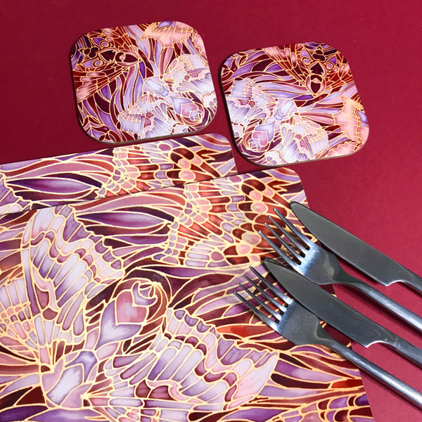 Moths Placemats & Coasters - Chocolate Lilac Grey Table Mats - glass chopping boards