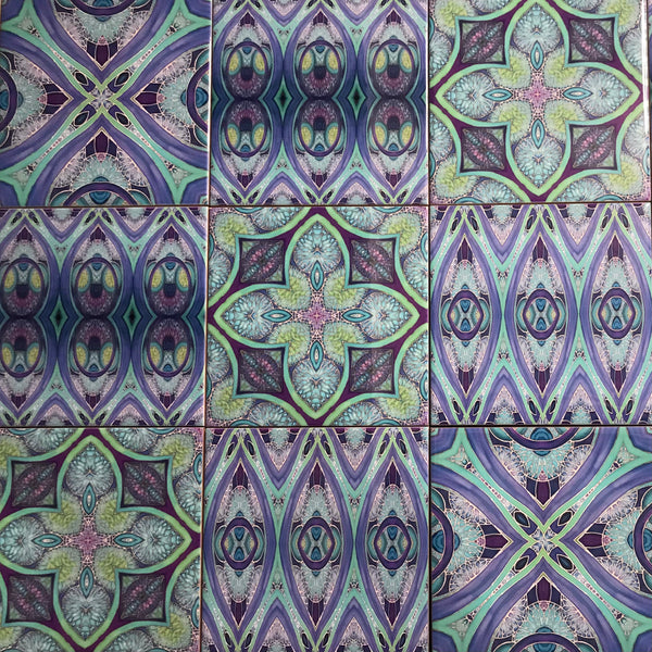 Mediterranean Blue Green Purple Set of 50 Ceramic Tiles - Blue Green Purple Turquoise Bright Bohemian Kitchen Tiles