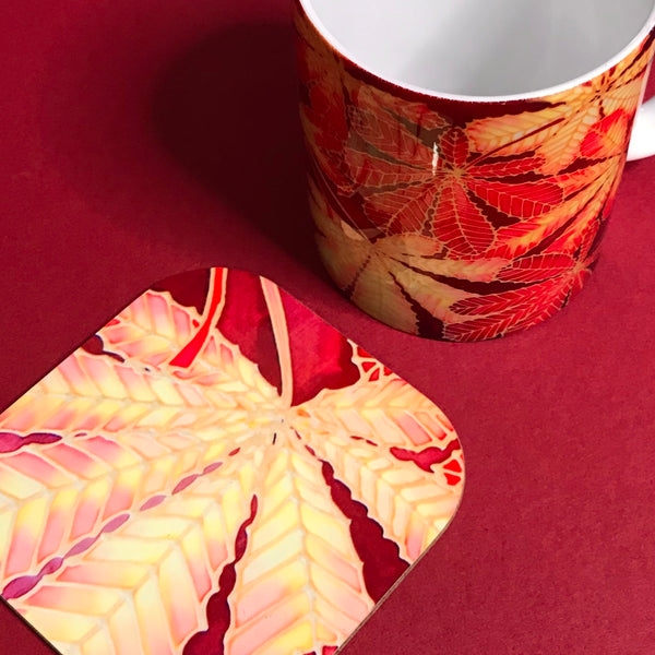 Autumn Horsechestnut Leaves Mug - Mug and Coaster Box Set - Red Mug Set - Autumn Mug Gift