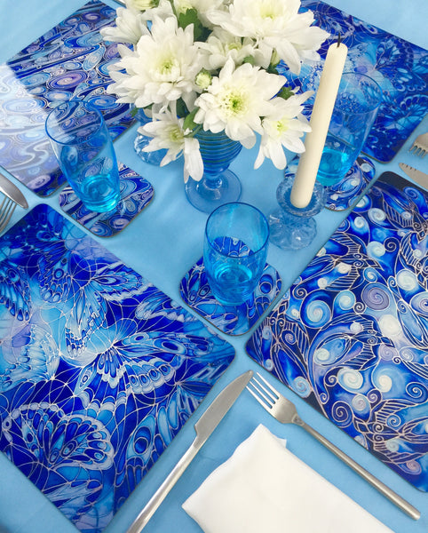 Table Mats Cobolt Blue -  Blue Swallows Place Mats - Blue Glass Chopping Boards -Swallows Coasters