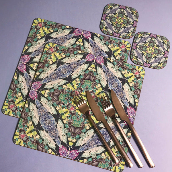 Kaleidoscope Butterfly Square Table Mats & Coasters - Lilac Charcoal Pink and Green Table Mats