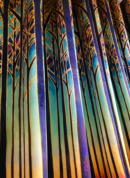 Turquoise Blue Red Purple Yellow and Gold Designer Velvet Curtain Fabric, Cathedral Trees, Order by Drop Length Needed