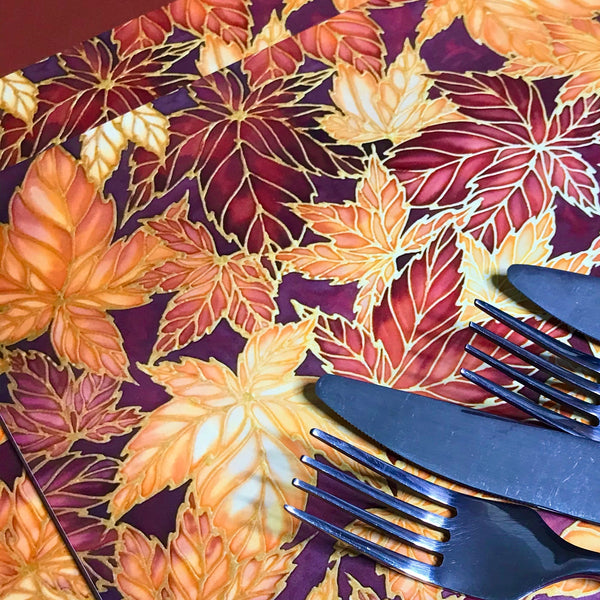 Terracotta Leaves Placemats & Coasters - Caramel Table Mats  - Heatproof glass chopping boards