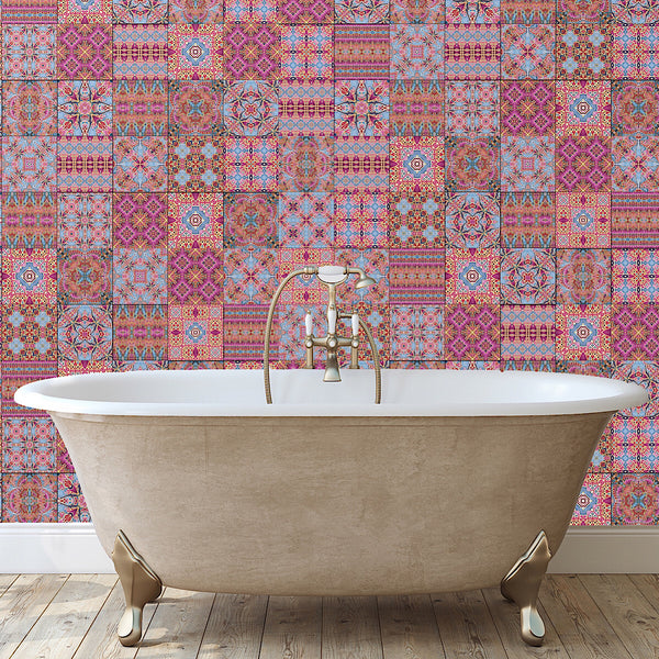 Pink Sunset Inspired Set of 20 Ceramic Tiles - Bohemian Blue Pink and Gold Warm Gentle Bohemian Kitchen Tiles